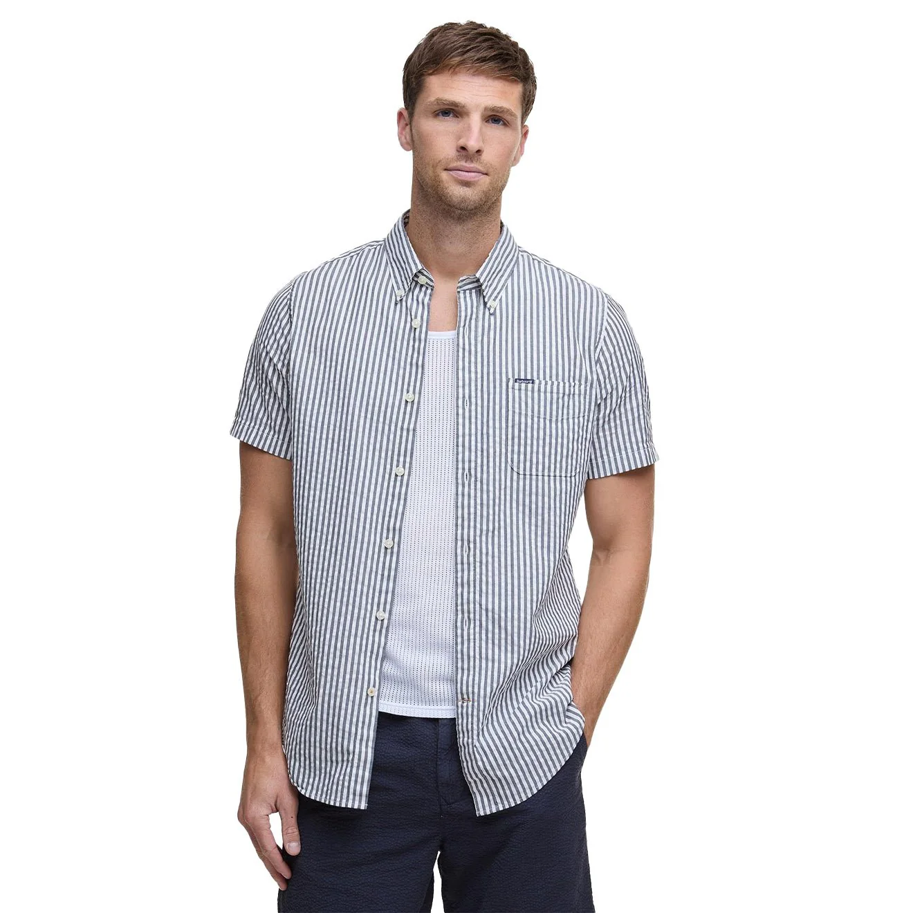 Barbour Cresswell Seersucker Summer Fit Shirt Navy - Image 2