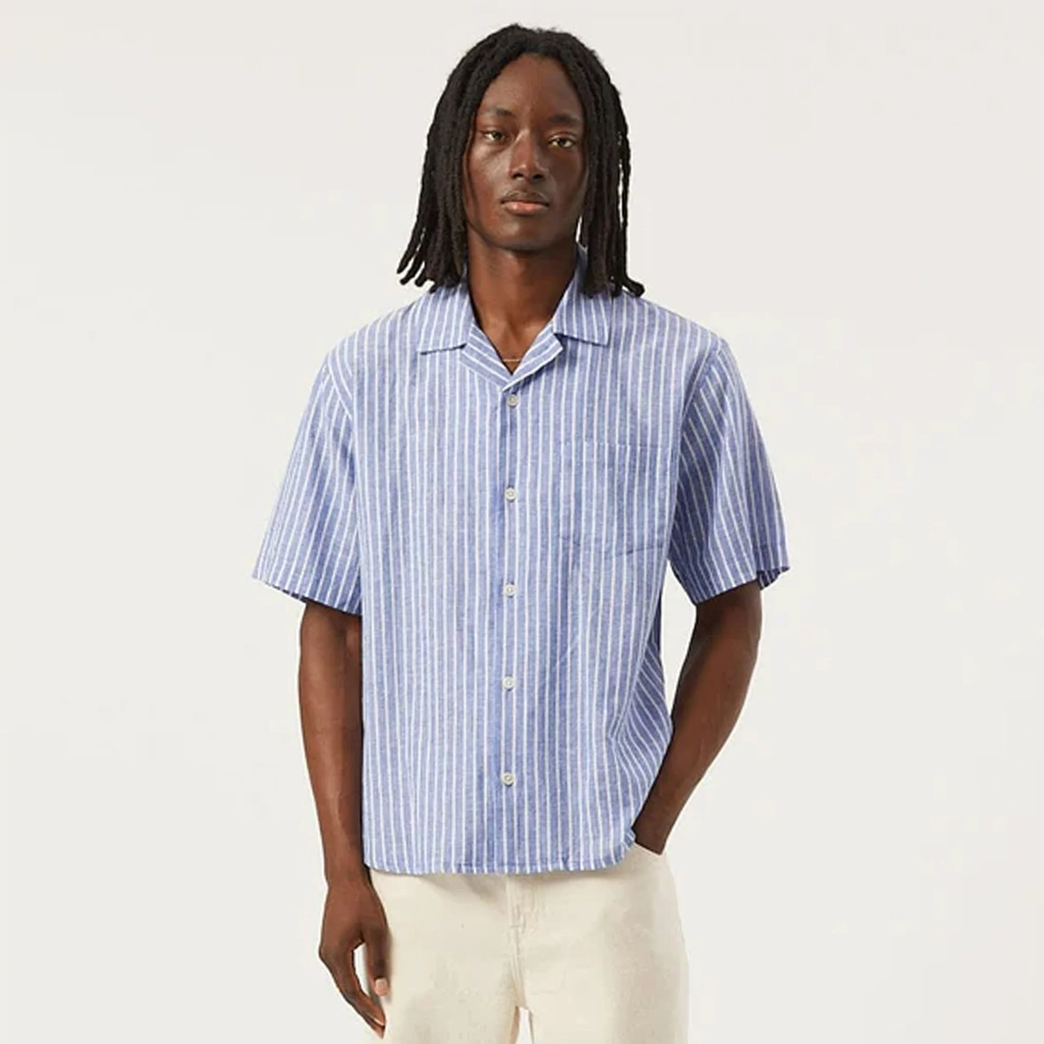 Corridor Linen Stripe S/S Shirt Blue - Image 2