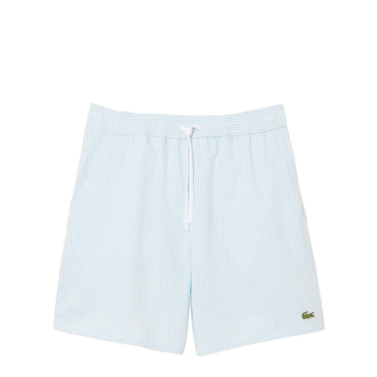 Lacoste Mid Length Striped Textured Swim Trunks White/Light Blue