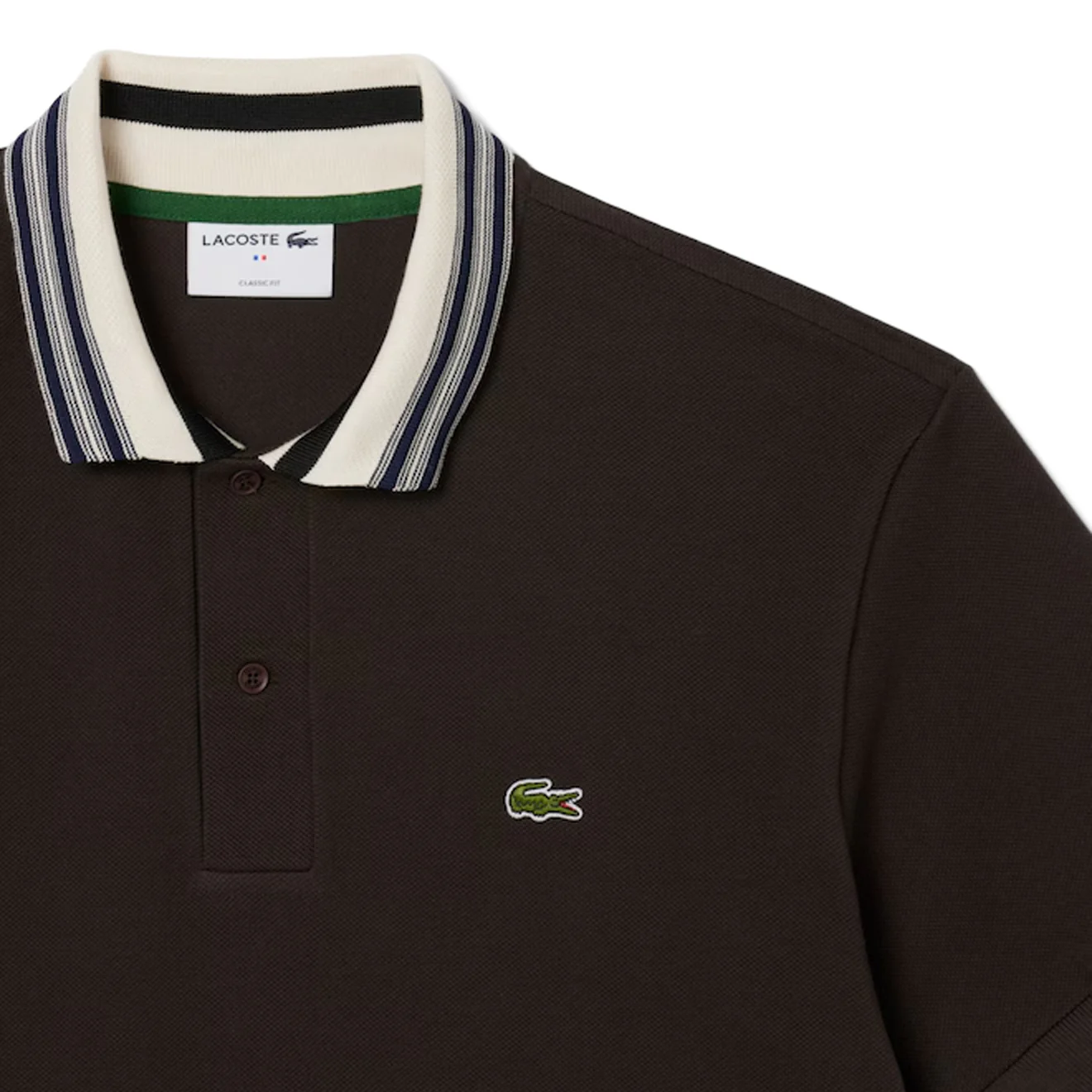 Lacoste French Made Classic Fit Stripe Collar Polo Shirt Brown - Image 3