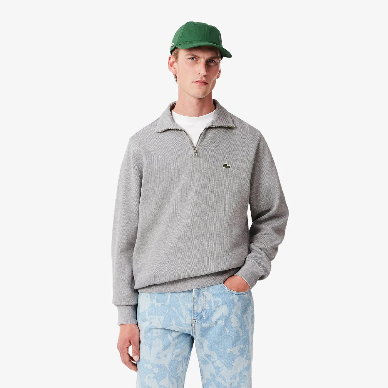 Lacoste Zip-Up High Neck Interlock Sweatshirt Light Heathered Grey - Image 3