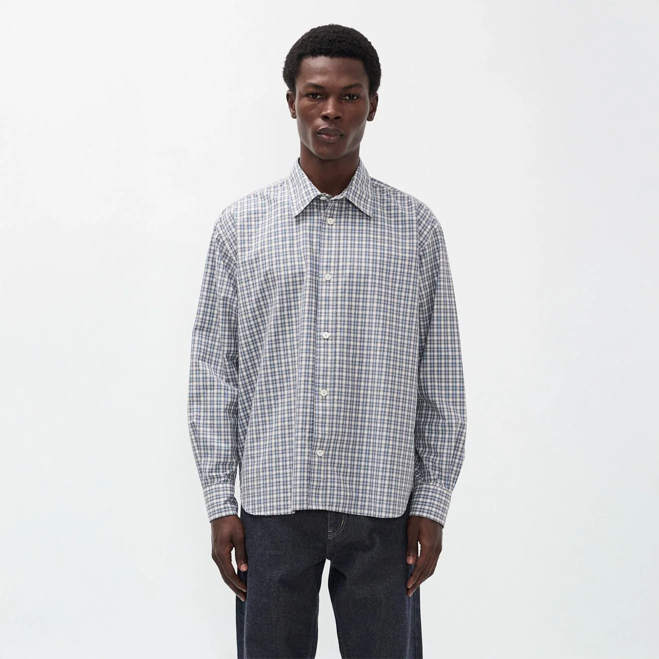 Norse Projects Falster Fine Check Oversize Shirt Cerulean - Image 3
