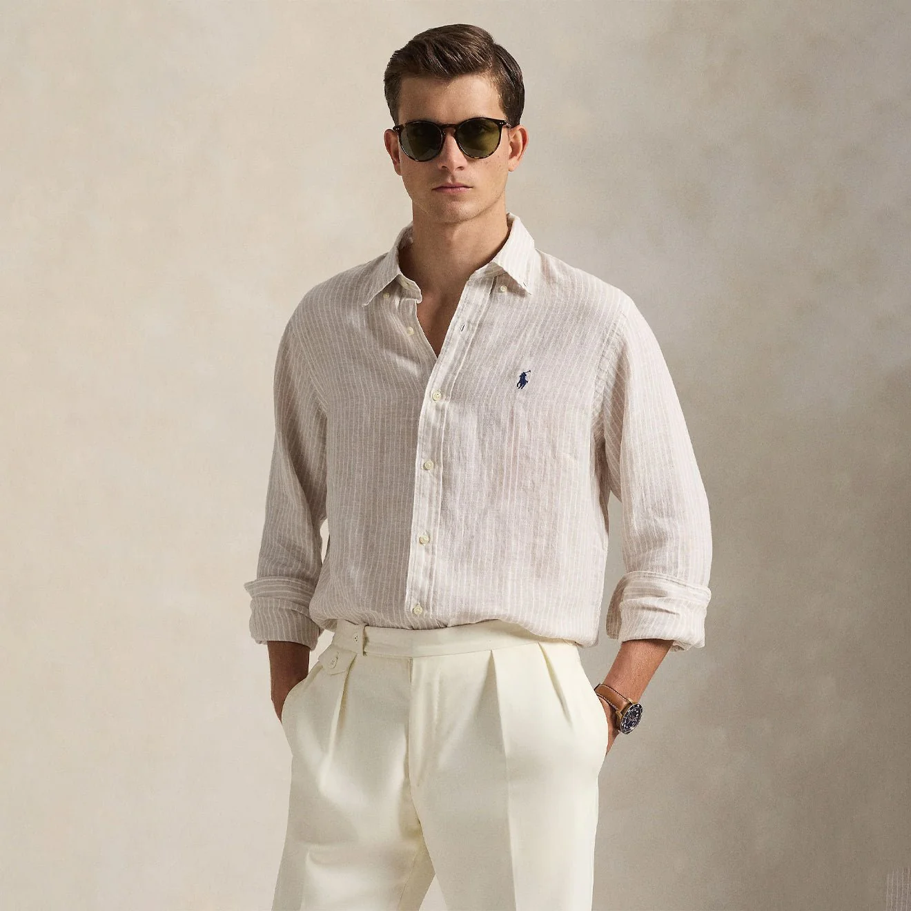 Polo Ralph Lauren Custom Fit Linen Shirt Coastal Beige White - Image 2