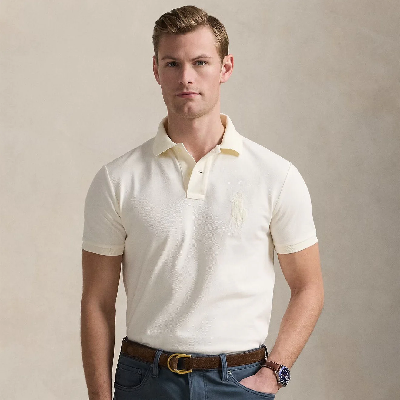 Polo Ralph Lauren Custom Slim Fit Big Pony Mesh Polo Shirt Clubhouse Cream - Image 2