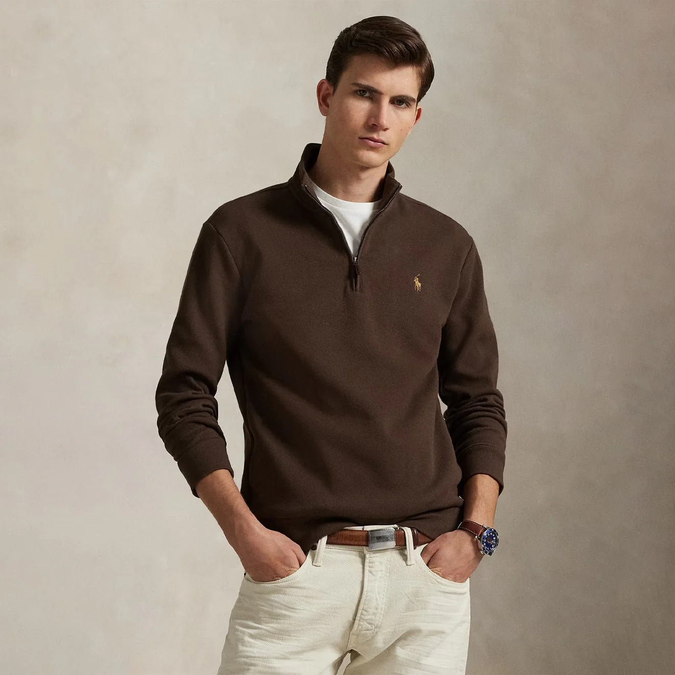 Polo Ralph Lauren Double-Knit Mesh Quarter-Zip Pullover Nutmeg Brown - Image 2