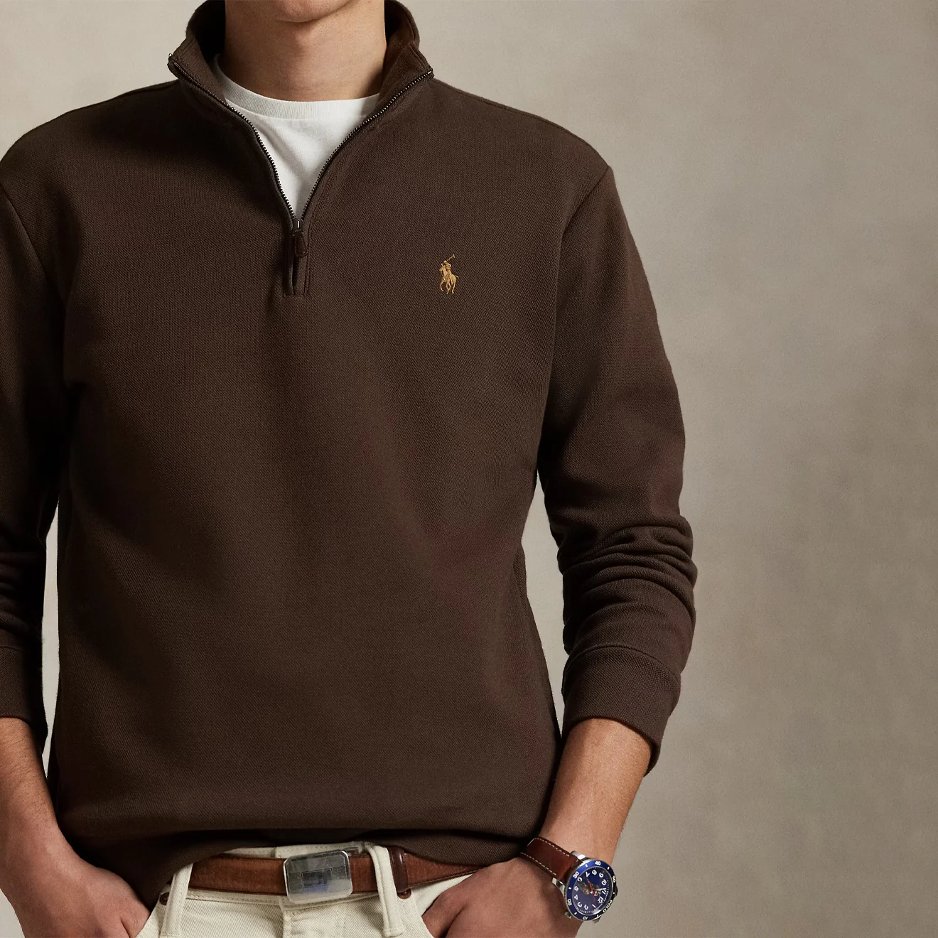 Polo Ralph Lauren Double-Knit Mesh Quarter-Zip Pullover Nutmeg Brown - Image 4