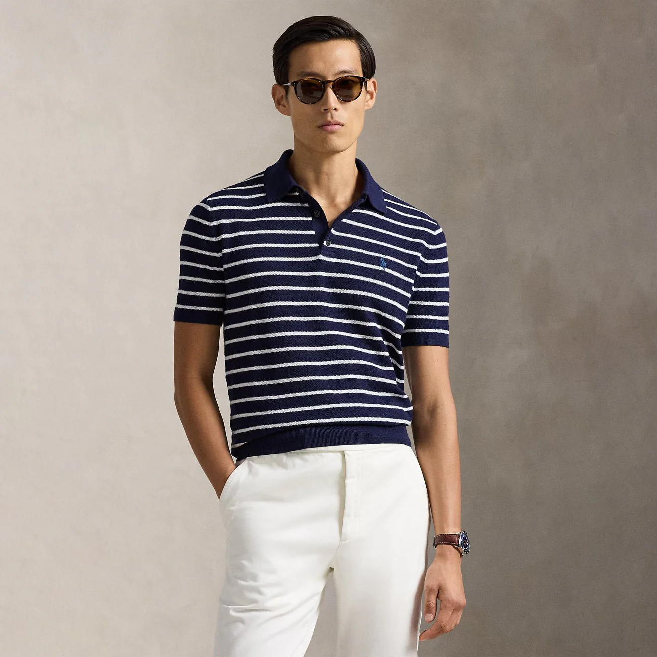 Polo Ralph Lauren Striped Cotton-Linen Polo Sweater Bright Navy Combo - Image 2