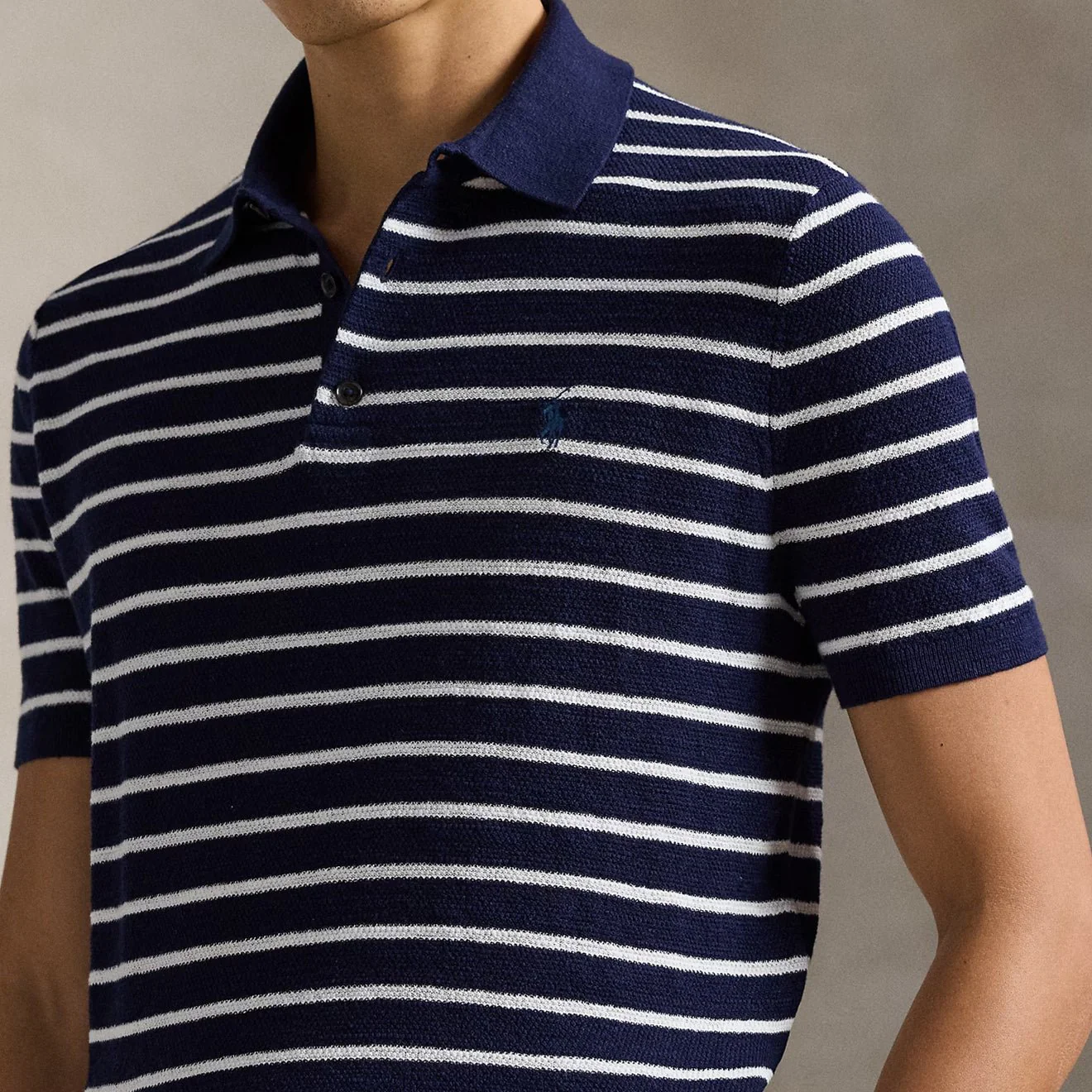 Polo Ralph Lauren Striped Cotton-Linen Polo Sweater Bright Navy Combo - Image 4