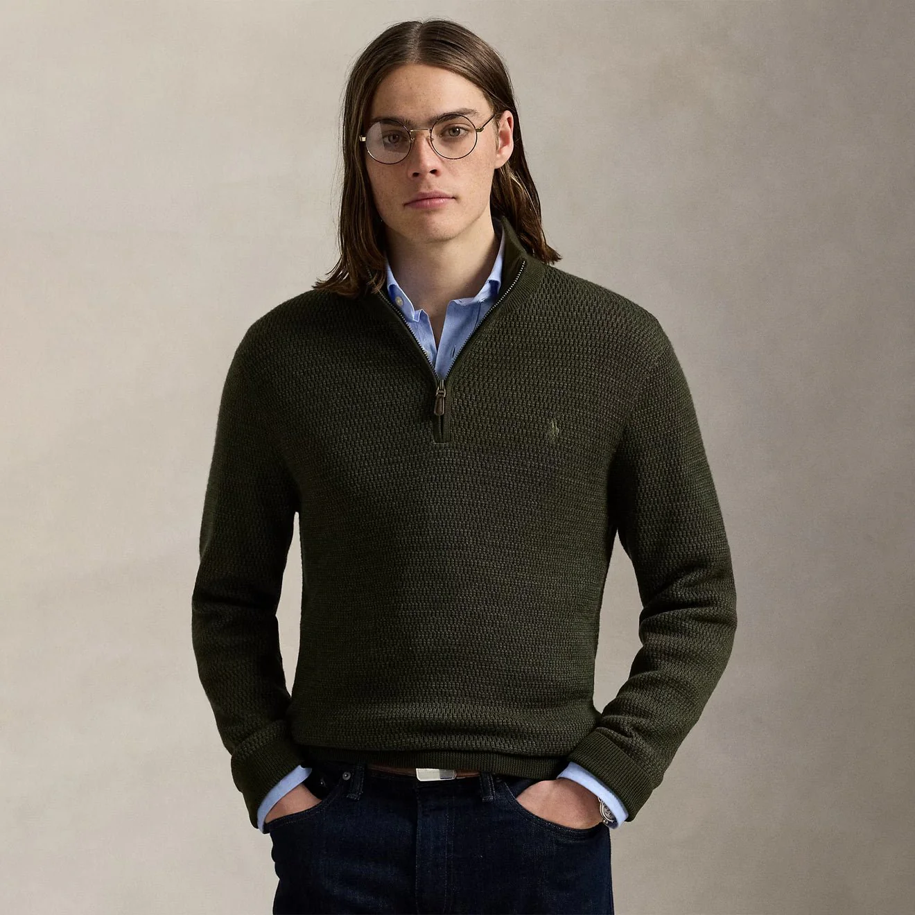 Polo Ralph Lauren Washable Wool Quarter-Zip Sweater Olive Combo - Image 2