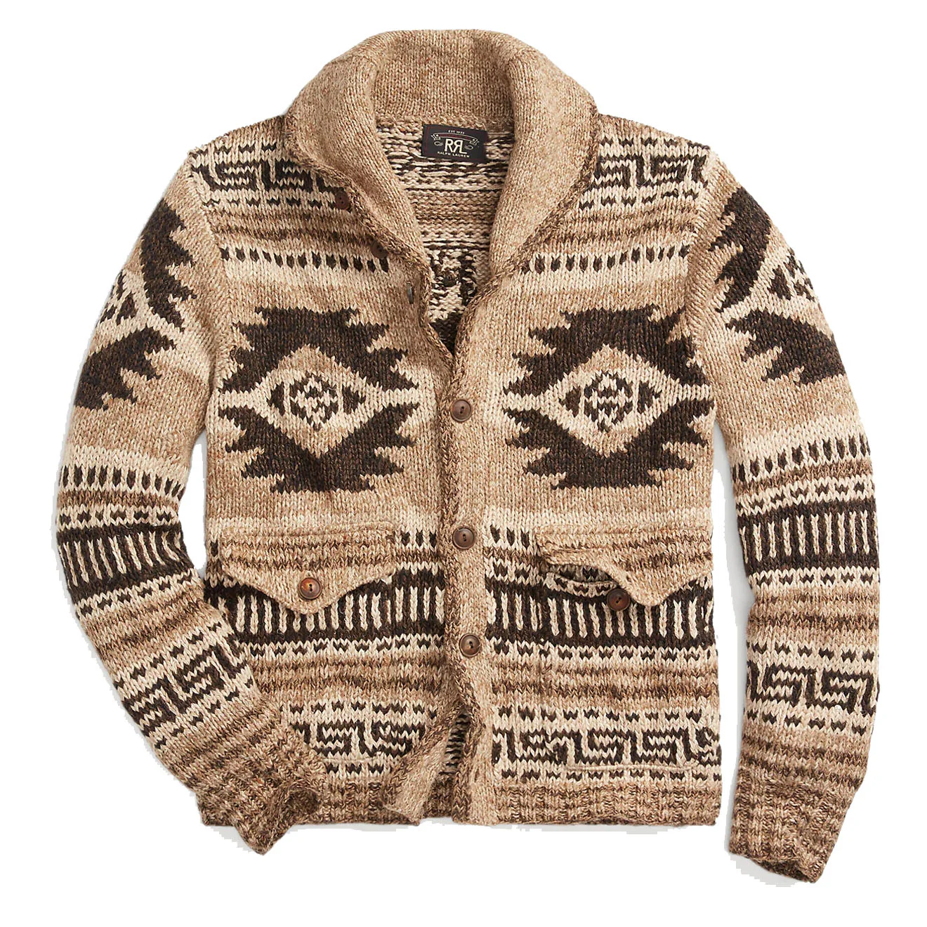 RRL by Ralph Lauren Hand-Knit Linen-Blend Cardigan Brown Tan Multi