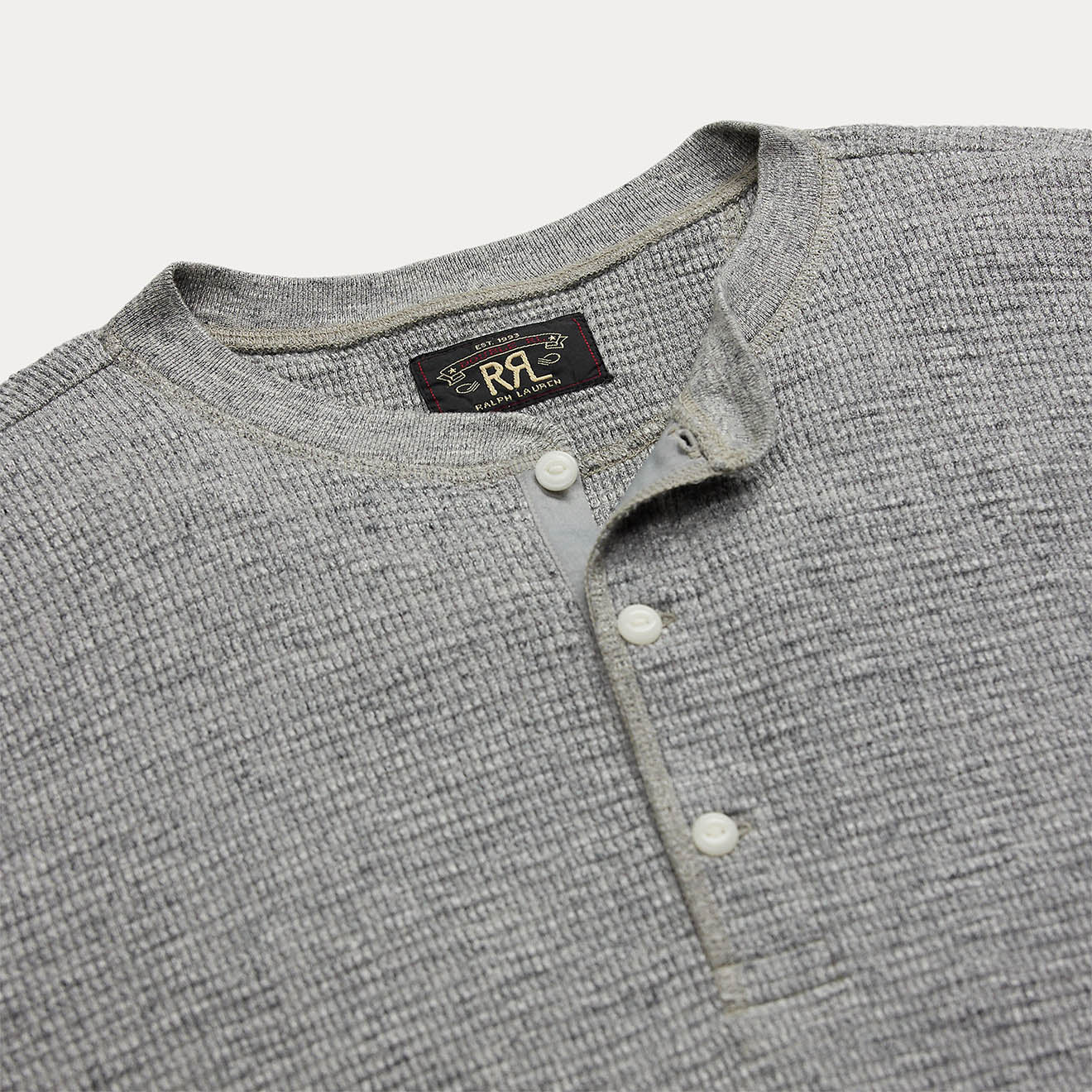 RRL By Ralph Lauren Waffle Knit Henley Long Sleeve Pullover Grey Heather - Image 3