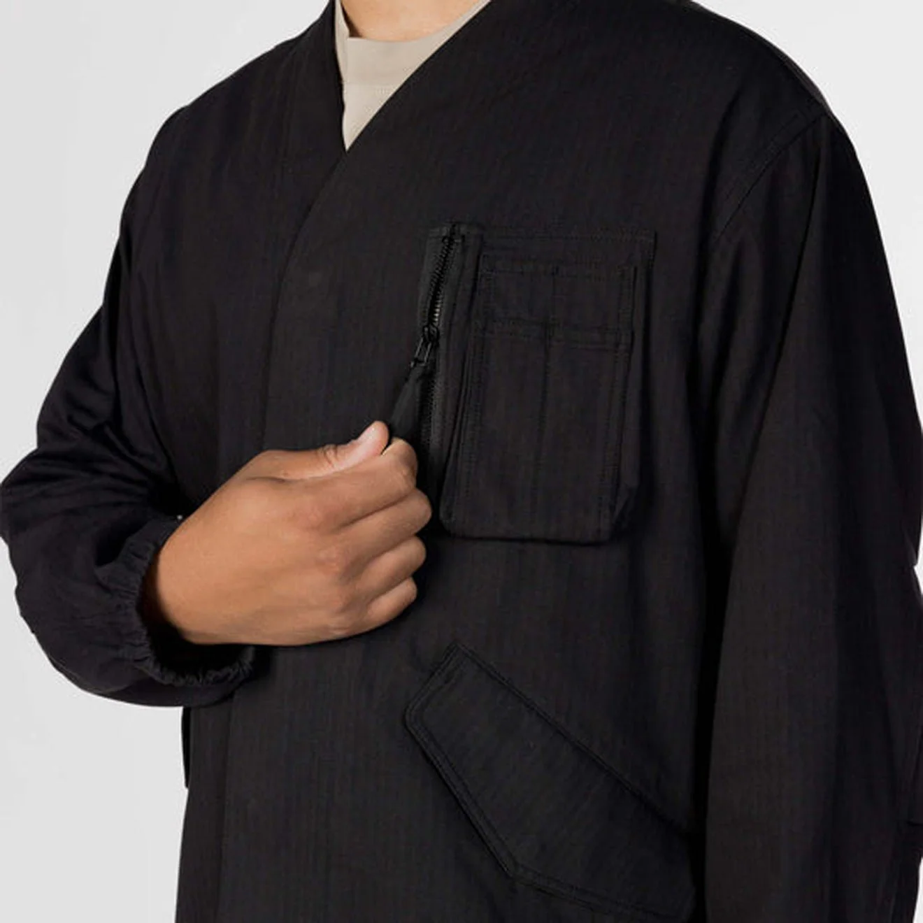 Snow Peak TAKIBI Herringbone Collarless Jacket Black - Image 5