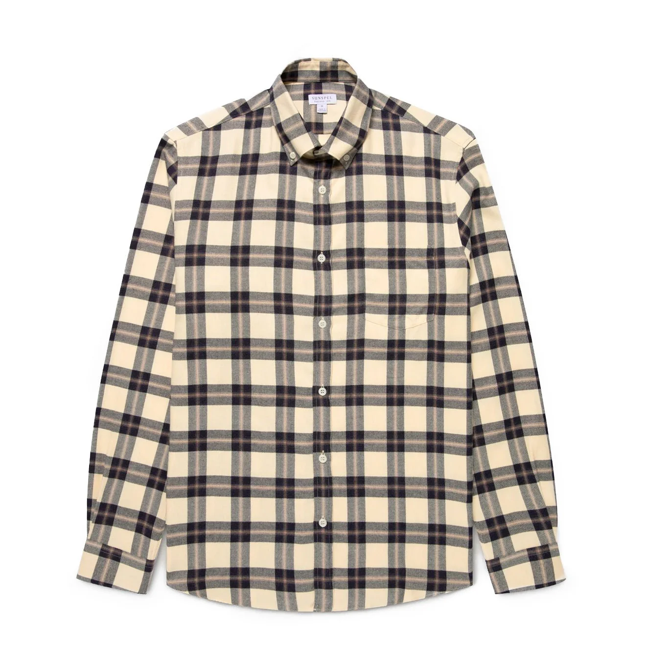 Sunspel Brushed Cotton Flannel Check Shirt Ecru / Truffle Check