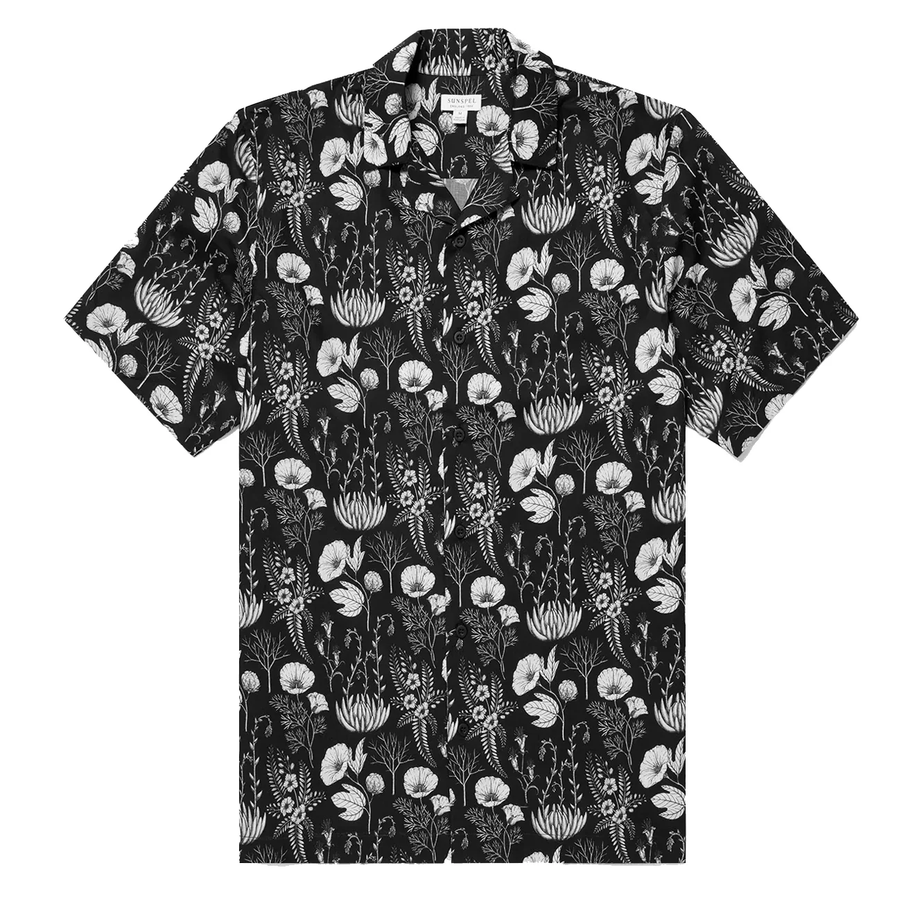 Sunspel Leaf Print Camp Collar Shirt Black